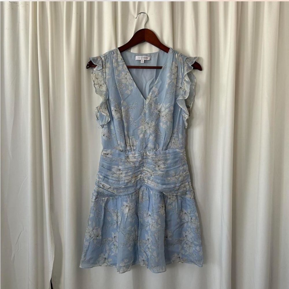 Intermix Vintage Vibe Light Blue Floral Silk Mini Dress Ruffled & Ruched - Picture 4 of 13